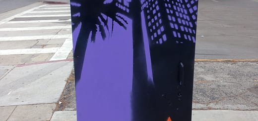 Hollywood Bowl, Street Art, Junction Box, Los Angeles, California, Mural, photo, modernart, instagraff, arturbain, star, purple, orange, black, hollywood and vine, palm tree, silhouette, building with windows