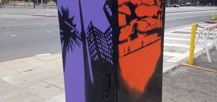 Hollywood Bowl, Street Art, Junction Box, Los Angeles, California, Mural, graffitiart, streetarteverywhere, wallart, artist, star, purple, orange, gold, hollywood and vine, street sign, building, silhouette, beach, sky, ferris wheel