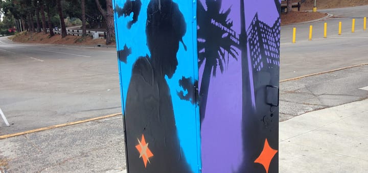 Hollywood Bowl, Street Art, Junction Box, Los Angeles, California, Mural, streetart, graffiti, art, urbanart, Star, blue, purple, african american man, afro, street sign, hollywood and vine, clouds, sky